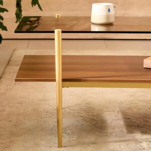 Shrine Rectangle Coffee Table, Mid-Century Modern Design, 2-Tier Structure, Amber Glass Top and Walnut MDF Shelf, 41" D x 21" W x 17" H, Sleek Conical Metal Legs with Gold Finish - Image 5