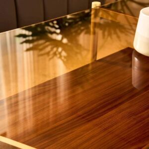 Shrine Rectangle Coffee Table, Mid-Century Modern Design, 2-Tier Structure, Amber Glass Top and Walnut MDF Shelf, 41" D x 21" W x 17" H, Sleek Conical Metal Legs with Gold Finish - Image 4