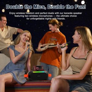 NexAura Karaoke Machine with 2 Wireless Microphones, Bluetooth 5.3 Portable Speaker, 30W Powerful Sound, Voice Changing Modes, USB Input, LED Lights, for Home & Outdoor Parties - Image 4