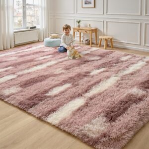5x7 Pink White Fluffy Soft Plush Striped Area Rugs for Girls Bedroom, Indoor Non Slip Washable Rug for Living Room Decor, Shaggy Carpets for Kids Room, Playroom, Nursery - Image 3