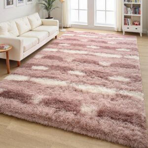 5x7 Pink White Fluffy Soft Plush Striped Area Rugs for Girls Bedroom, Indoor Non Slip Washable Rug for Living Room Decor, Shaggy Carpets for Kids Room, Playroom, Nursery - Image 5