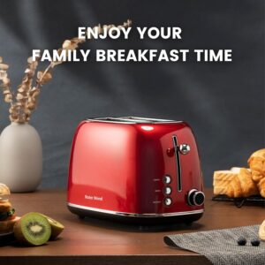 Roter Mond 2 Slice Toaster Retro Stainless Steel with Bagel, Cancel, and Defrost Functions, 6 Bread Shade Settings, Extra Wide Slots and Removable Crumb Tray, Red - Image 3