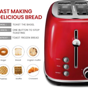 Roter Mond 2 Slice Toaster Retro Stainless Steel with Bagel, Cancel, and Defrost Functions, 6 Bread Shade Settings, Extra Wide Slots and Removable Crumb Tray, Red - Image 6