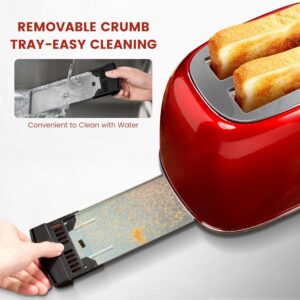 Roter Mond 2 Slice Toaster Retro Stainless Steel with Bagel, Cancel, and Defrost Functions, 6 Bread Shade Settings, Extra Wide Slots and Removable Crumb Tray, Red - Image 7