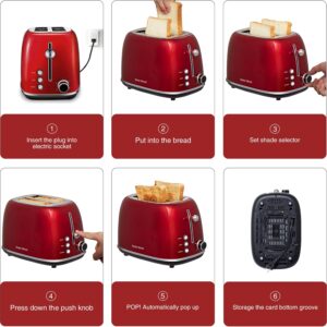 Roter Mond 2 Slice Toaster Retro Stainless Steel with Bagel, Cancel, and Defrost Functions, 6 Bread Shade Settings, Extra Wide Slots and Removable Crumb Tray, Red - Image 8