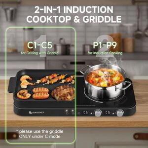 AMZCHEF Double Induction Cooktop with Removable Griddle Pan Non-stick, 1800W 2 burner Portable Induction Stove With Sensor Touch 9 Power Levels, 99 Min Timer, Black - Image 5