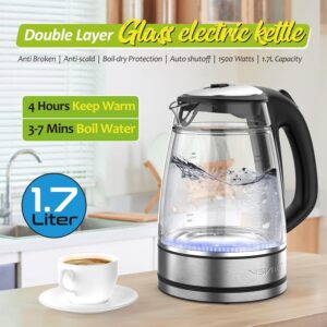 NISVITU 1.7L Dual Wall Cool Touch Electric Kettle, BPA-Free Borosilicate Glass Inner, PC Outer, 1500W Fast Boil Cordless Hot Water Boiler & Electric Tea Kettle, Keep Warm, Auto Shut-Off, Black - Image 2