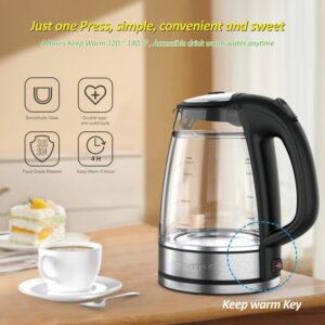 NISVITU 1.7L Dual Wall Cool Touch Electric Kettle, BPA-Free Borosilicate Glass Inner, PC Outer, 1500W Fast Boil Cordless Hot Water Boiler & Electric Tea Kettle, Keep Warm, Auto Shut-Off, Black - Image 4