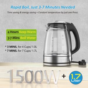 NISVITU 1.7L Dual Wall Cool Touch Electric Kettle, BPA-Free Borosilicate Glass Inner, PC Outer, 1500W Fast Boil Cordless Hot Water Boiler & Electric Tea Kettle, Keep Warm, Auto Shut-Off, Black - Image 5