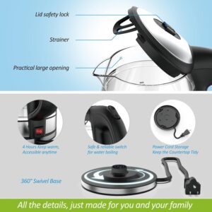 NISVITU 1.7L Dual Wall Cool Touch Electric Kettle, BPA-Free Borosilicate Glass Inner, PC Outer, 1500W Fast Boil Cordless Hot Water Boiler & Electric Tea Kettle, Keep Warm, Auto Shut-Off, Black - Image 6