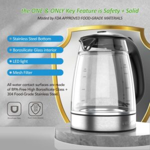 NISVITU 1.7L Dual Wall Cool Touch Electric Kettle, BPA-Free Borosilicate Glass Inner, PC Outer, 1500W Fast Boil Cordless Hot Water Boiler & Electric Tea Kettle, Keep Warm, Auto Shut-Off, Black - Image 7