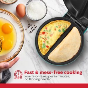 Holstein Housewares Stainless Steel 2 Section Omelet & Frittata Maker, Non Stick Coating, Easy To Clean, Indicator Lights, Compact Storage, Prepare Versatile Recipes in Minutes. 2 Portions, Teal - Image 2