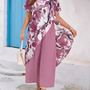 Plus Size Women's Pink Floral Print High Low Top and Wide Leg Pants Set Elegant Casual Outfit - Image 2