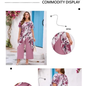 Plus Size Women's Pink Floral Print High Low Top and Wide Leg Pants Set Elegant Casual Outfit - Image 4