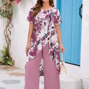 Plus Size Women's Pink Floral Print High Low Top and Wide Leg Pants Set Elegant Casual Outfit - Image 3