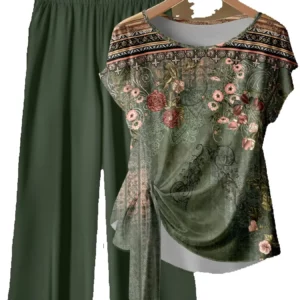 Summer casual women's plus size two-piece set of dark green ethnic style floral print twisted top+solid color wide leg pants set - Image 2