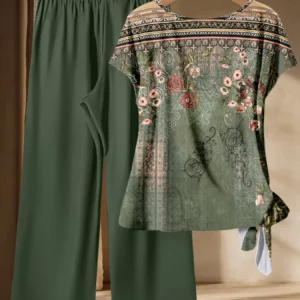 Summer casual women's plus size two-piece set of dark green ethnic style floral print twisted top+solid color wide leg pants set - Image 7