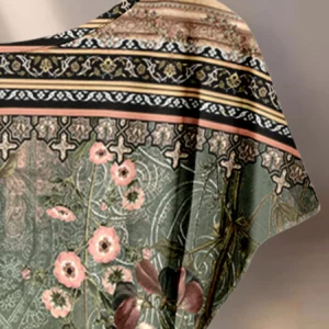 Summer casual women's plus size two-piece set of dark green ethnic style floral print twisted top+solid color wide leg pants set - Image 5