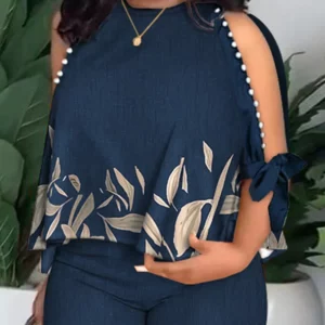 Plus size Two Piece Sets Women Outfit Summer Fashion Plants Print Split Sleeve O-Neck Top Straight Leg Pants Set Streetwear - Image 2