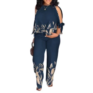 Plus size Two Piece Sets Women Outfit Summer Fashion Plants Print Split Sleeve O-Neck Top Straight Leg Pants Set Streetwear - Image 3