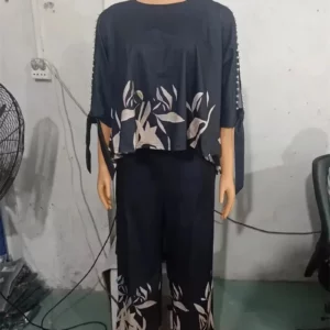 Plus size Two Piece Sets Women Outfit Summer Fashion Plants Print Split Sleeve O-Neck Top Straight Leg Pants Set Streetwear - Image 4