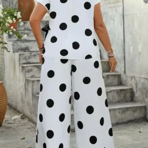 【Plus Size】 Two-Piece Set Polka Dot Print Top & Wide Leg Pants Set, Casual Fashion Cozy Top & Trousers for Daily Outdoor Wear, W - Image 2
