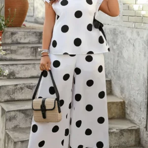【Plus Size】 Two-Piece Set Polka Dot Print Top & Wide Leg Pants Set, Casual Fashion Cozy Top & Trousers for Daily Outdoor Wear, W - Image 3