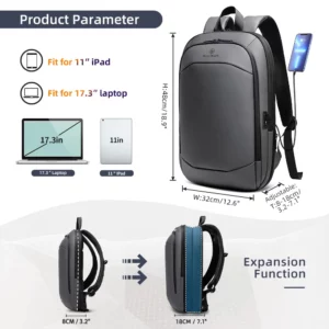 HK Business Backpack for Men 17 Inch Laptop Backpack with USB Port Slim Expandable Waterproof Travel Bag Large Work Computer Bag - Image 6