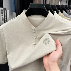 Men's Mandarin Collar Short Sleeve T-Shirt Casual Chinese Style Button Henley Shirt - Image 2