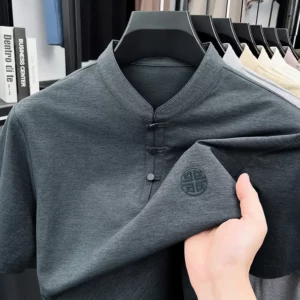 Men's Mandarin Collar Short Sleeve T-Shirt Casual Chinese Style Button Henley Shirt - Image 3