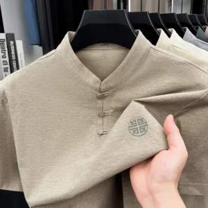 Men's Mandarin Collar Short Sleeve T-Shirt Casual Chinese Style Button Henley Shirt - Image 4