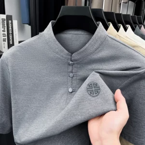 Men's Mandarin Collar Short Sleeve T-Shirt Casual Chinese Style Button Henley Shirt - Image 5