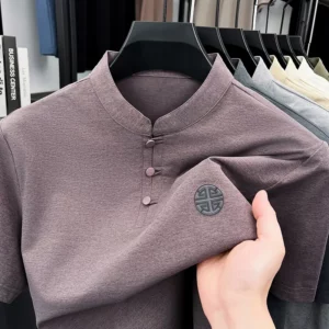 Men's Mandarin Collar Short Sleeve T-Shirt Casual Chinese Style Button Henley Shirt - Image 6