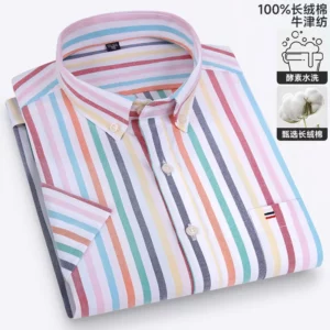 Men's Oxford Short Sleeve Square Collar Soild Plaid Striped Summer Casual Shirts Single Pocket Comfortable Cotton Shirt - Image 2