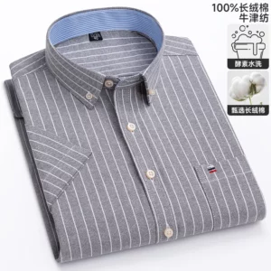Men's Oxford Short Sleeve Square Collar Soild Plaid Striped Summer Casual Shirts Single Pocket Comfortable Cotton Shirt - Image 3