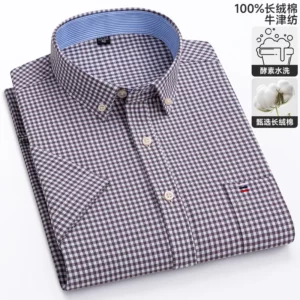 Men's Oxford Short Sleeve Square Collar Soild Plaid Striped Summer Casual Shirts Single Pocket Comfortable Cotton Shirt - Image 4
