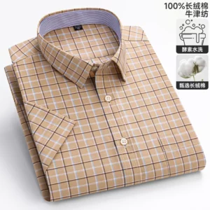 Men's Oxford Short Sleeve Square Collar Soild Plaid Striped Summer Casual Shirts Single Pocket Comfortable Cotton Shirt - Image 5