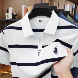 New Summer High-end Men's Embroidered Cotton Polo Shirt, Striped Lapel Short Sleeve, Young Casual Versatile Base T-shirt Tops - Image 2
