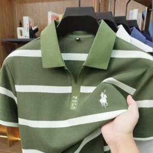 New Summer High-end Men's Embroidered Cotton Polo Shirt, Striped Lapel Short Sleeve, Young Casual Versatile Base T-shirt Tops - Image 3