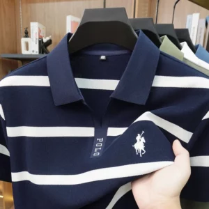 New Summer High-end Men's Embroidered Cotton Polo Shirt, Striped Lapel Short Sleeve, Young Casual Versatile Base T-shirt Tops - Image 4