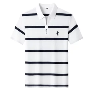 New Summer High-end Men's Embroidered Cotton Polo Shirt, Striped Lapel Short Sleeve, Young Casual Versatile Base T-shirt Tops - Image 5