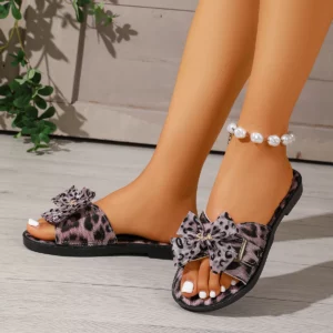 Women's Leopard Print Bow Slide Sandals | Casual Open Toe Flat Slippers | Non-Slip Summer Beach Footwear - Image 3