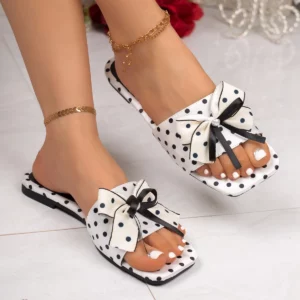Women's Polka Dot Bow Flat Sandals, Square Open Toe Slip On Slides, Summer Casual Slippers with Pearl Bow for Beach Vacation - Image 3