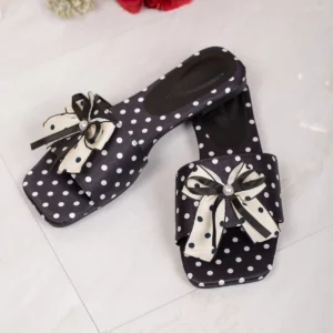 Women's Polka Dot Bow Flat Sandals, Square Open Toe Slip On Slides, Summer Casual Slippers with Pearl Bow for Beach Vacation - Image 6