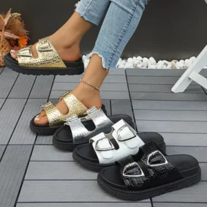 Women Outdoor Leisure Slippers Metal Ankle Buckle Strap Slippers Summer Beach Ladies Low Heel Non-Slip Soft Sole Beach Shoes - Image 1