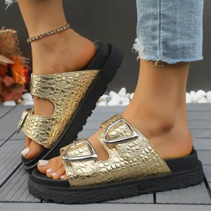 Women Outdoor Leisure Slippers Metal Ankle Buckle Strap Slippers Summer Beach Ladies Low Heel Non-Slip Soft Sole Beach Shoes - Image 2