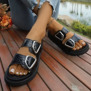 Women Outdoor Leisure Slippers Metal Ankle Buckle Strap Slippers Summer Beach Ladies Low Heel Non-Slip Soft Sole Beach Shoes - Image 3