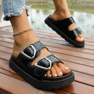 Women Outdoor Leisure Slippers Metal Ankle Buckle Strap Slippers Summer Beach Ladies Low Heel Non-Slip Soft Sole Beach Shoes - Image 4