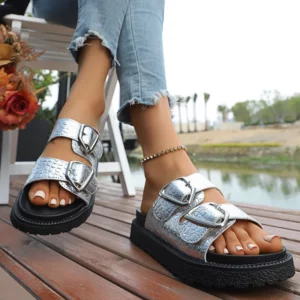 Women Outdoor Leisure Slippers Metal Ankle Buckle Strap Slippers Summer Beach Ladies Low Heel Non-Slip Soft Sole Beach Shoes - Image 5