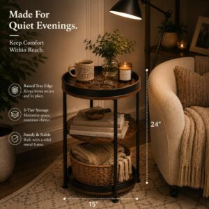 Dulcii Side Table, Round End Table with 3 Storage Shelves for Living Room, Bedroom, Nightstand with Steel Frame for Small Spaces, Industrial Round Sofa Table, Outdoor Accent Coffee Table, Rustic Brown - Image 4